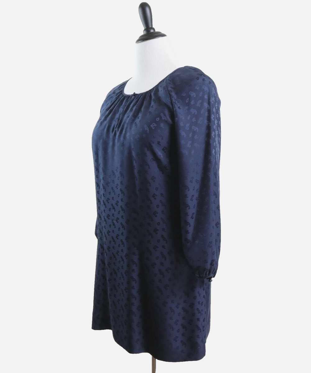 J Crew Size 10 Silk Satin Paisley Shift Dress 3/4 Sleeve Navy Blue